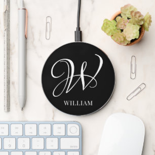 Initial Personalized Elegant Black Monogram  Wireless Charger