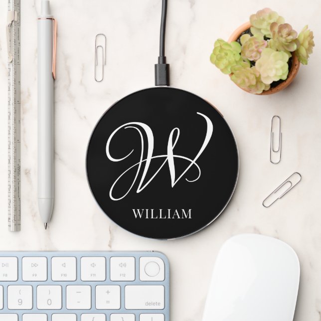 Initial Personalized Elegant Black Monogram  Wireless Charger (Desk)