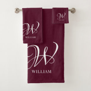 Initial Personalized Elegant Burgundy Monogram  Bath Towel Set