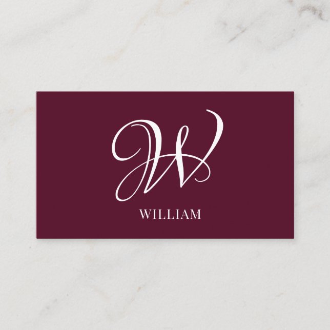 Initial Personalized Elegant Burgundy Monogram  Business Card (Front)
