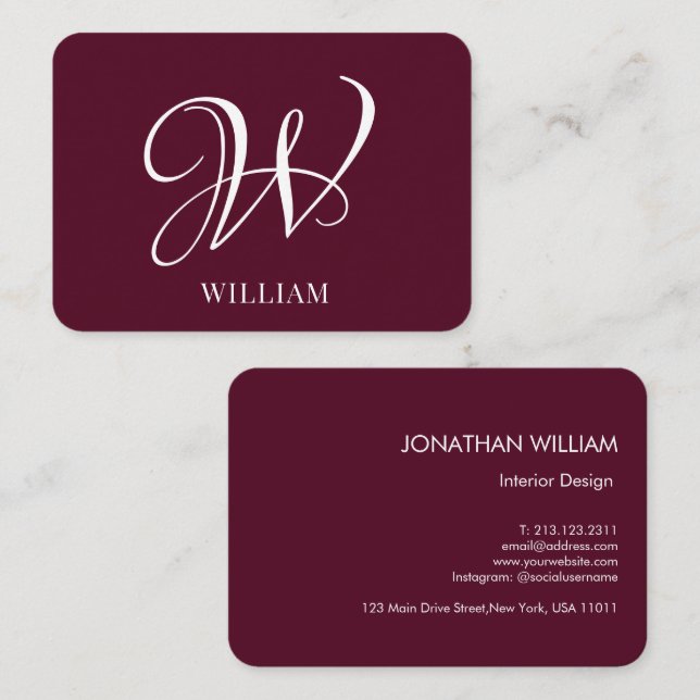 Initial Personalized Elegant Burgundy Monogram  Business Card (Front/Back)