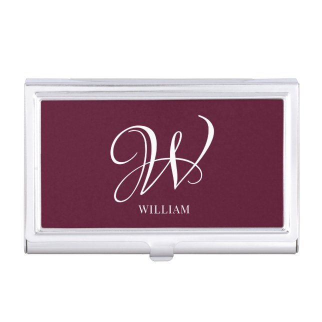 Initial Personalized Elegant Burgundy Monogram  Business Card Case (Front)