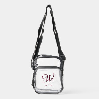 Initial Personalized Elegant Burgundy Monogram Clear Crossbody Bag
