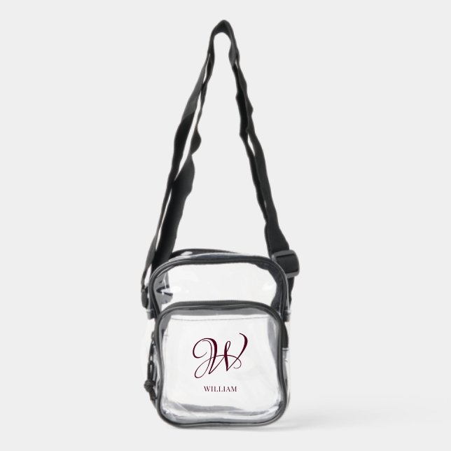 Initial Personalized Elegant Burgundy Monogram  Clear Crossbody Bag (Front)