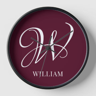 Initial Personalized Elegant Burgundy Monogram Clock