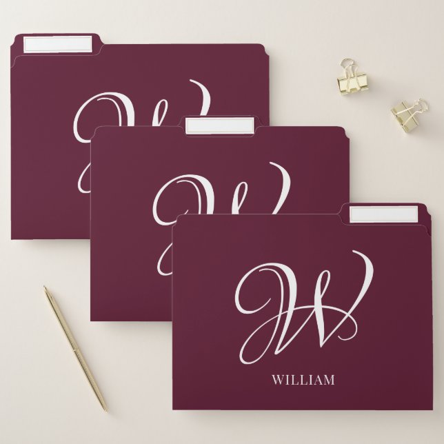 Initial Personalized Elegant Burgundy Monogram  File Folder (Set)