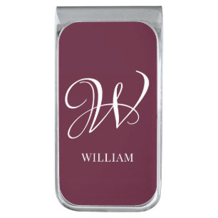 Initial Personalized Elegant Burgundy Monogram Silver Finish Money Clip