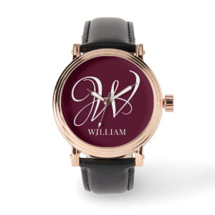 Initial Personalized Elegant Burgundy Monogram Watch