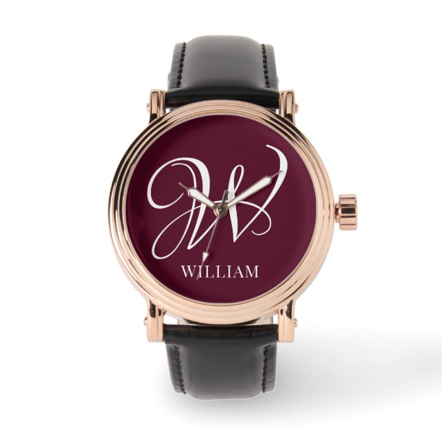 Initial Personalized Elegant Burgundy Monogram  Watch (Front)