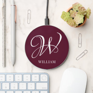 Initial Personalized Elegant Burgundy Monogram Wireless Charger