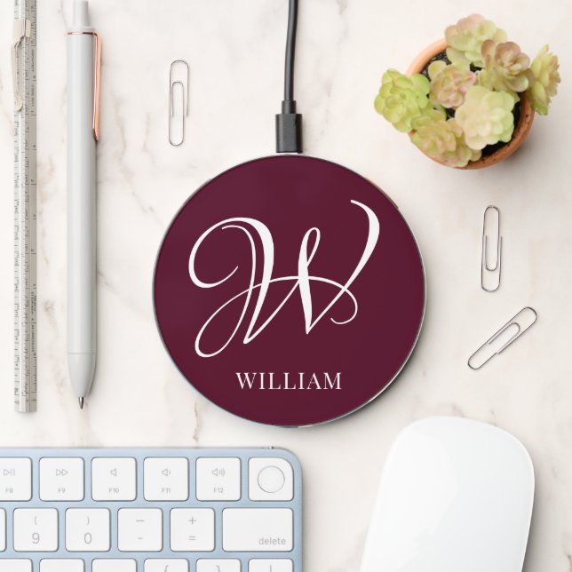 Initial Personalized Elegant Burgundy Monogram  Wireless Charger (Desk)
