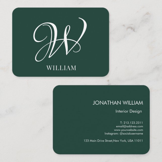 Initial Personalized Elegant Emerald Monogram  Business Card (Front/Back)