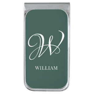 Initial Personalized Elegant Emerald Monogram Silver Finish Money Clip