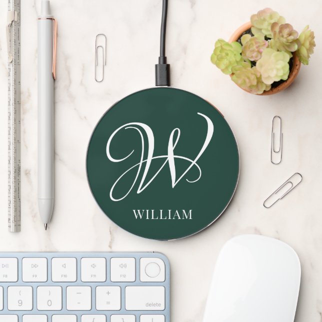 Initial Personalized Elegant Emerald Monogram  Wireless Charger (Desk)