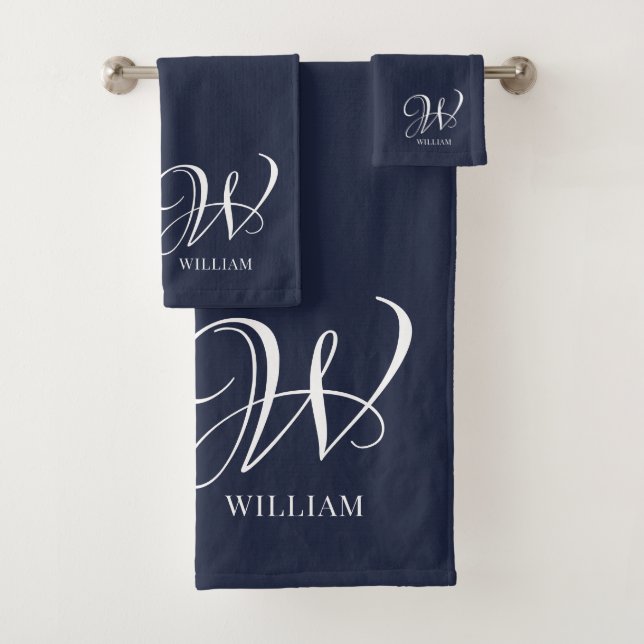 Initial Personalized Elegant Navy Blue Monogram  Bath Towel Set (Insitu)