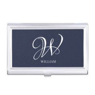 Initial Personalized Elegant Navy Blue Monogram Business Card Case