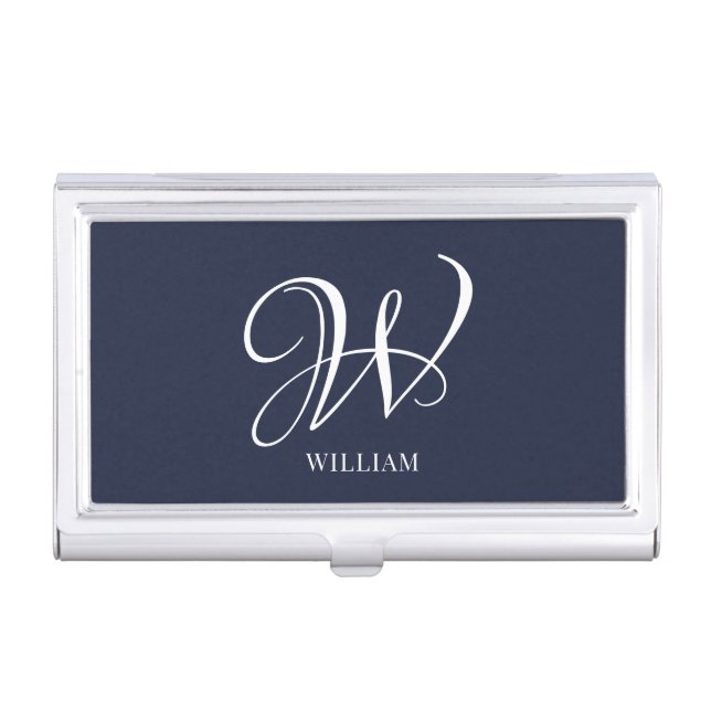 Initial Personalized Elegant Navy Blue Monogram  Business Card Case (Front)