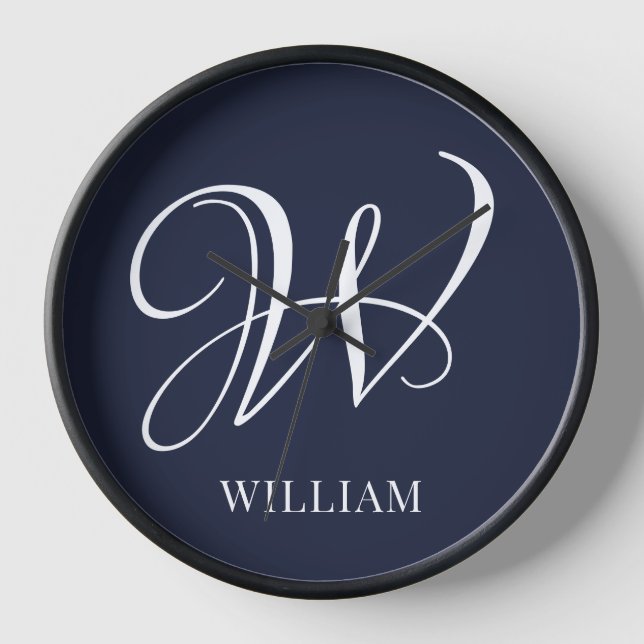 Initial Personalized Elegant Navy Blue Monogram  Clock (Front)