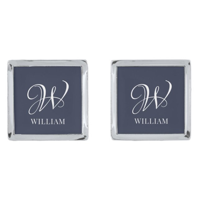 Initial Personalized Elegant Navy Blue Monogram  Cufflinks (Front)