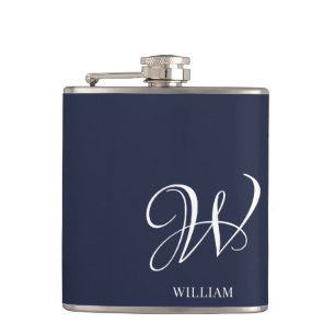 Initial Personalized Elegant Navy Blue Monogram  Flask