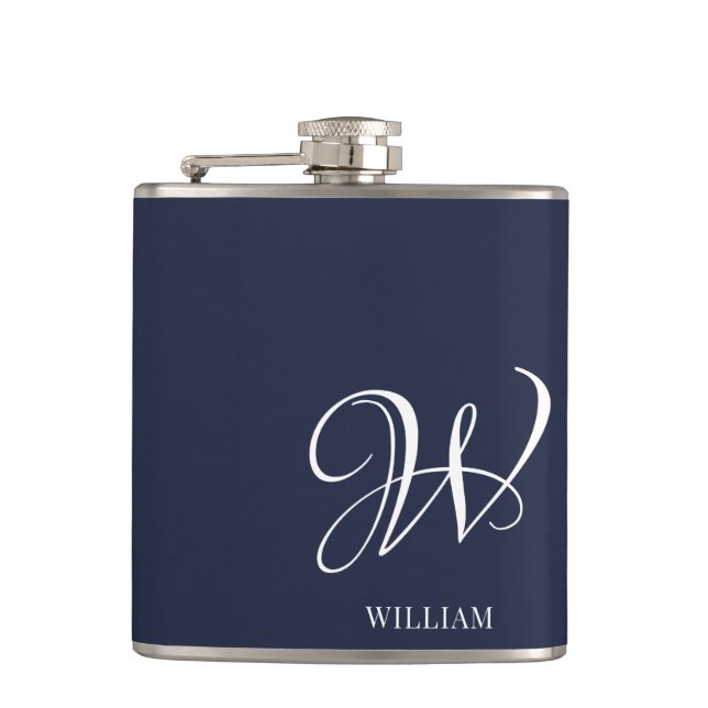 Initial Personalized Elegant Navy Blue Monogram  Flask (Front)