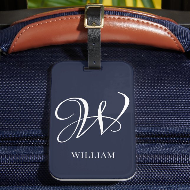 Initial Personalized Elegant Navy Blue Monogram  Luggage Tag (Front Insitu 2)