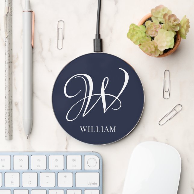 Initial Personalized Elegant Navy Blue Monogram  Wireless Charger (Desk)