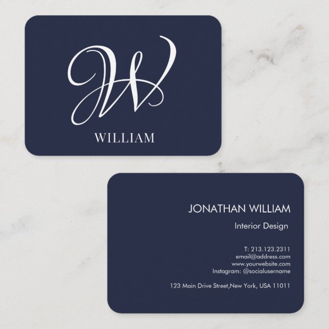 Initial Personalized Elegant Navy BlueMonogram  Business Card (Front/Back)