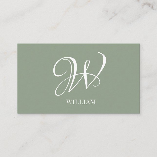 Initial Personalized Elegant Sage Green Monogram Business Card (Front)