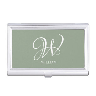 Initial Personalized Elegant Sage Green Monogram Business Card Case