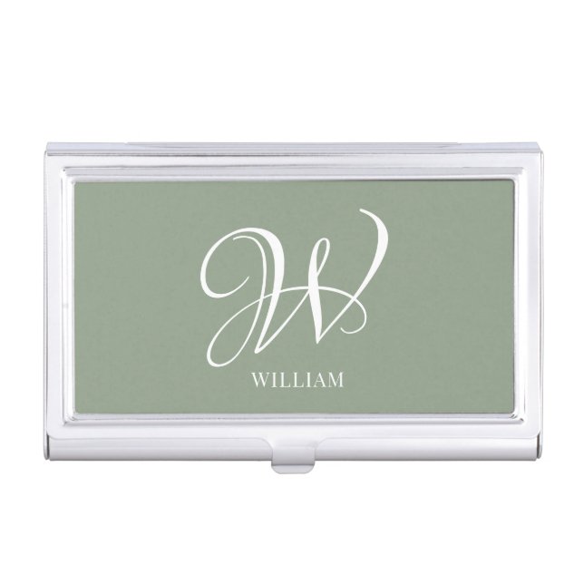Initial Personalized Elegant Sage Green Monogram  Business Card Case (Front)