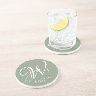 Initial Personalized Elegant Sage Green Monogram Coaster