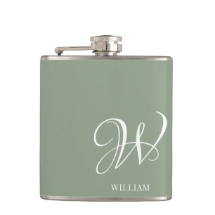 Initial Personalized Elegant Sage Green Monogram Flask