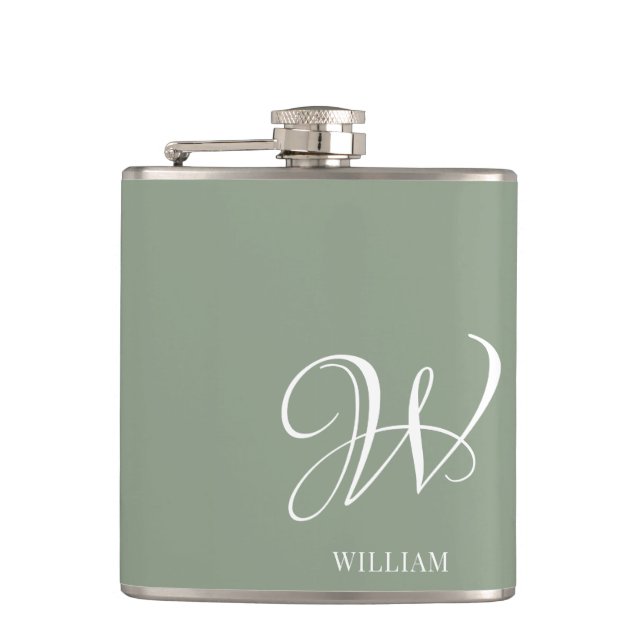 Initial Personalized Elegant Sage Green Monogram  Flask (Front)