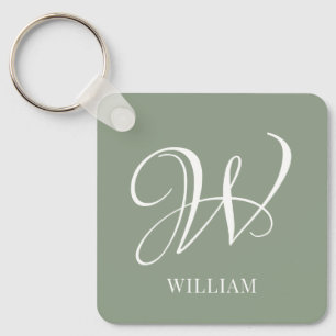 Initial Personalized Elegant Sage Green Monogram Keychain