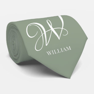 Initial Personalized Elegant Sage Green Monogram  Neck Tie
