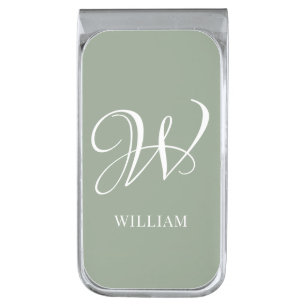 Initial Personalized Elegant Sage Green Monogram Silver Finish Money Clip