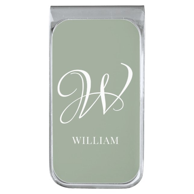 Initial Personalized Elegant Sage Green Monogram  Silver Finish Money Clip (Front Vertical)