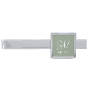 Initial Personalized Elegant Sage Green Monogram Silver Finish Tie Bar