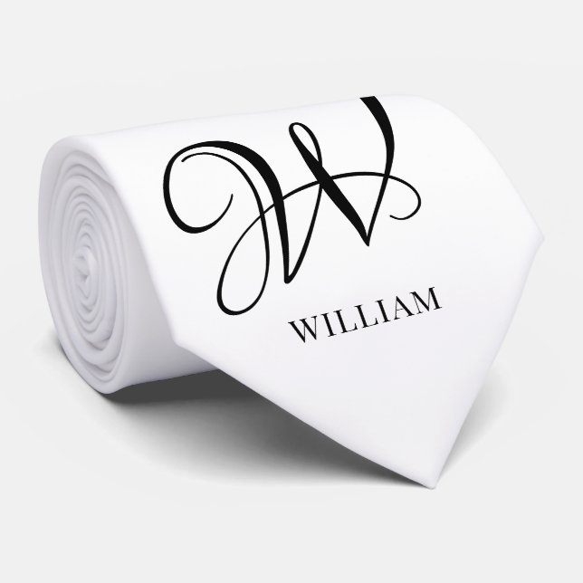 Initial Personalized Elegant White Monogram  Neck Tie (Rolled)