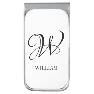 Initial Personalized Elegant White Monogram Silver Finish Money Clip