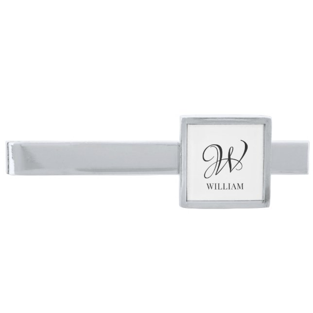 Initial Personalized Elegant White Monogram  Silver Finish Tie Bar (Front)
