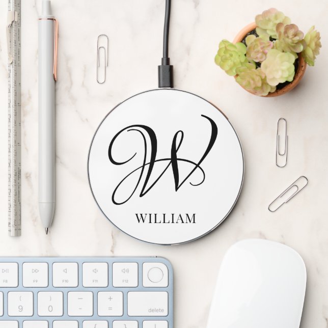 Initial Personalized Elegant White Monogram  Wireless Charger (Desk)