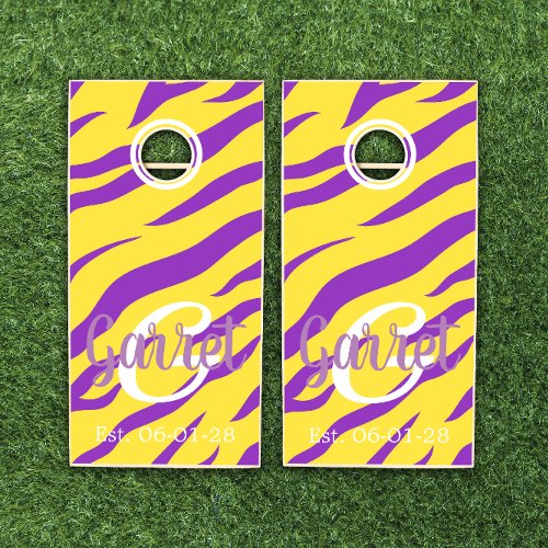 Initial personalized wood purple yellow tiger cornhole set