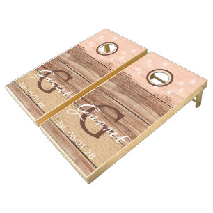 Initial personalized wood rustic lantern pink cornhole set
