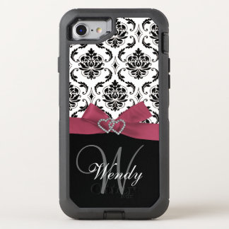 Initial, Pink, Black Damask Pattern OtterBox Defender iPhone SE/8/7 Case