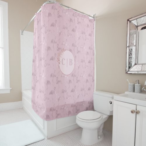 Initial Pink Gold Glitter Flamingo Pattern Shower Curtain