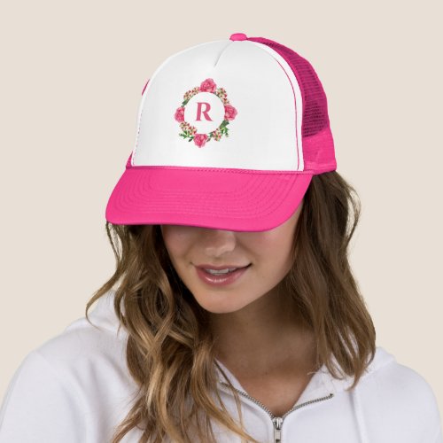 Initial Pink Rose Red White Petunia Circle Trucker Hat