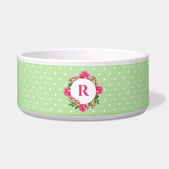 Initial Pink Rose Red White Petunia Polka Dots Bowl (Front)