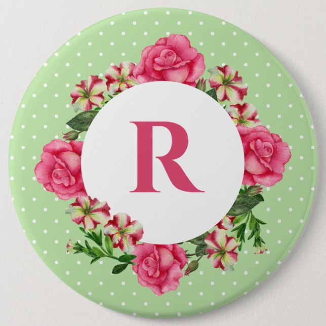 Initial Pink Rose Red White Petunia Polka Dots Button (Front)